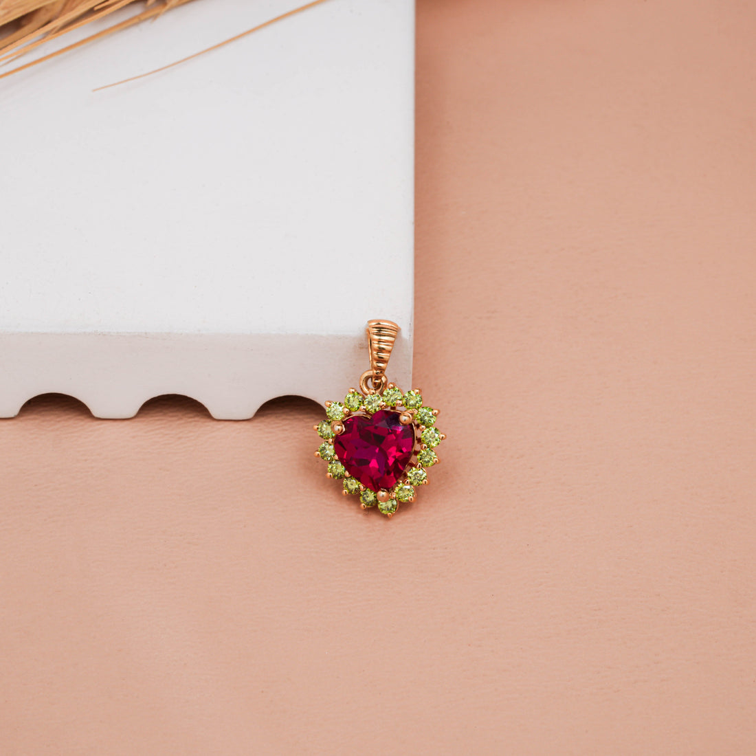 Romantic Ruby & Peridot Heart Pendant with Lab-Grown Diamonds Perfect For Valentine's Gift