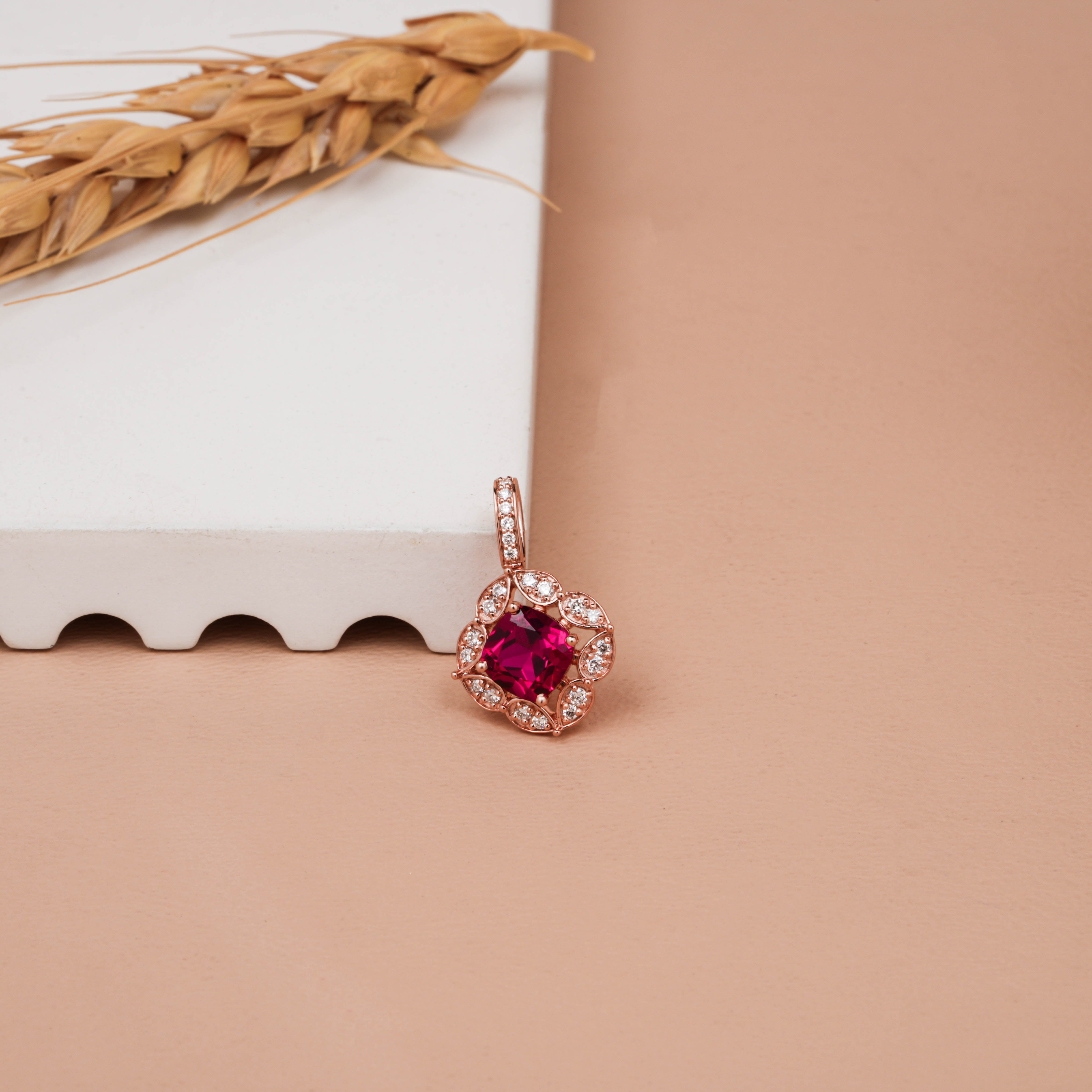 Blossom Halo Cushion Ruby Diamond Pendant