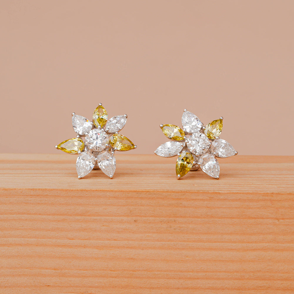 Pear & Marquise Shaped Yellow & White Diamond Flower Stud Earrings
