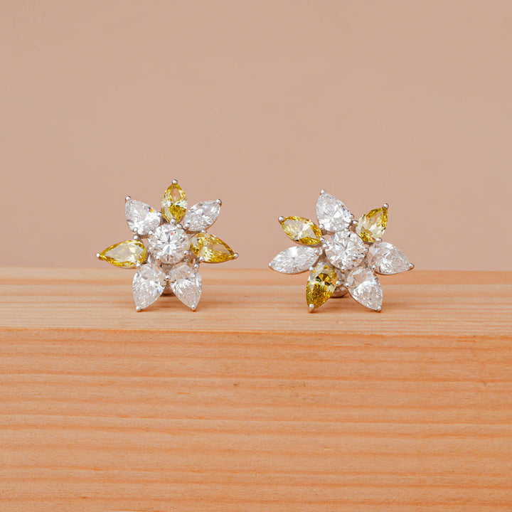 Pear & Marquise Shaped Yellow & White Diamond Flower Stud Earrings