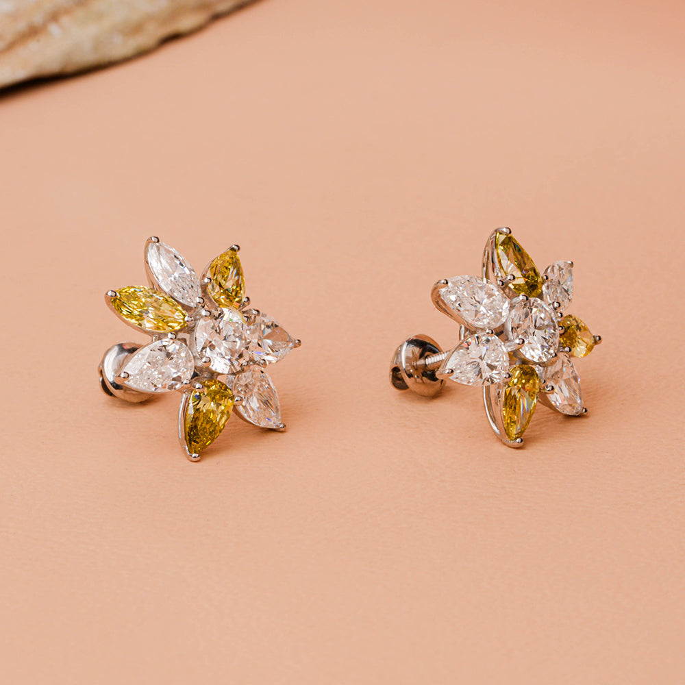 Pear & Marquise Shaped Yellow & White Diamond Flower Stud Earrings