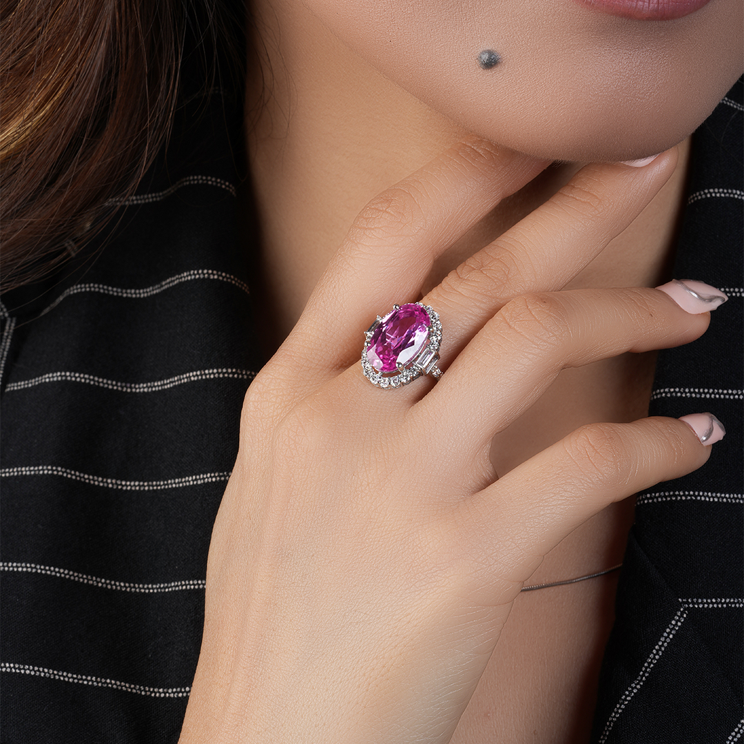 Vintage Pink Sapphire Oval Cut Halo Diamond  Engagement Ring