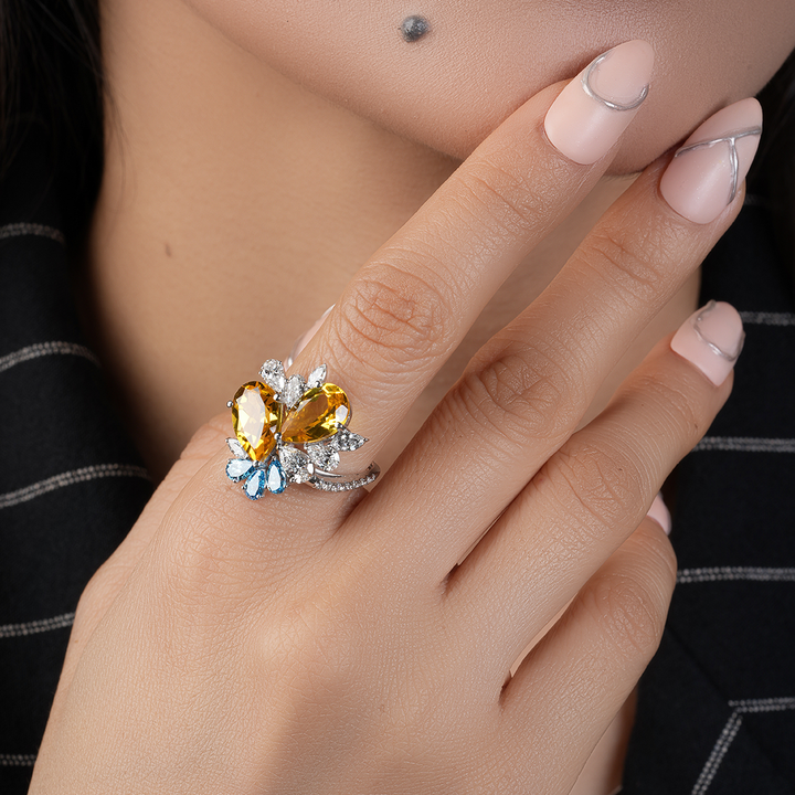 Dual Pear-Cut Citrine Diamond Cocktail Ring for Her