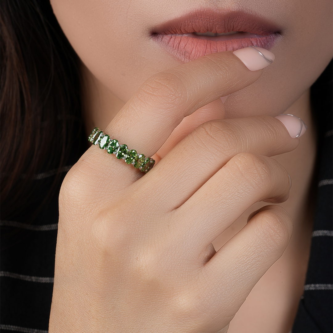 Oval Cut Peridot Full Eternity Wedding Band Ring