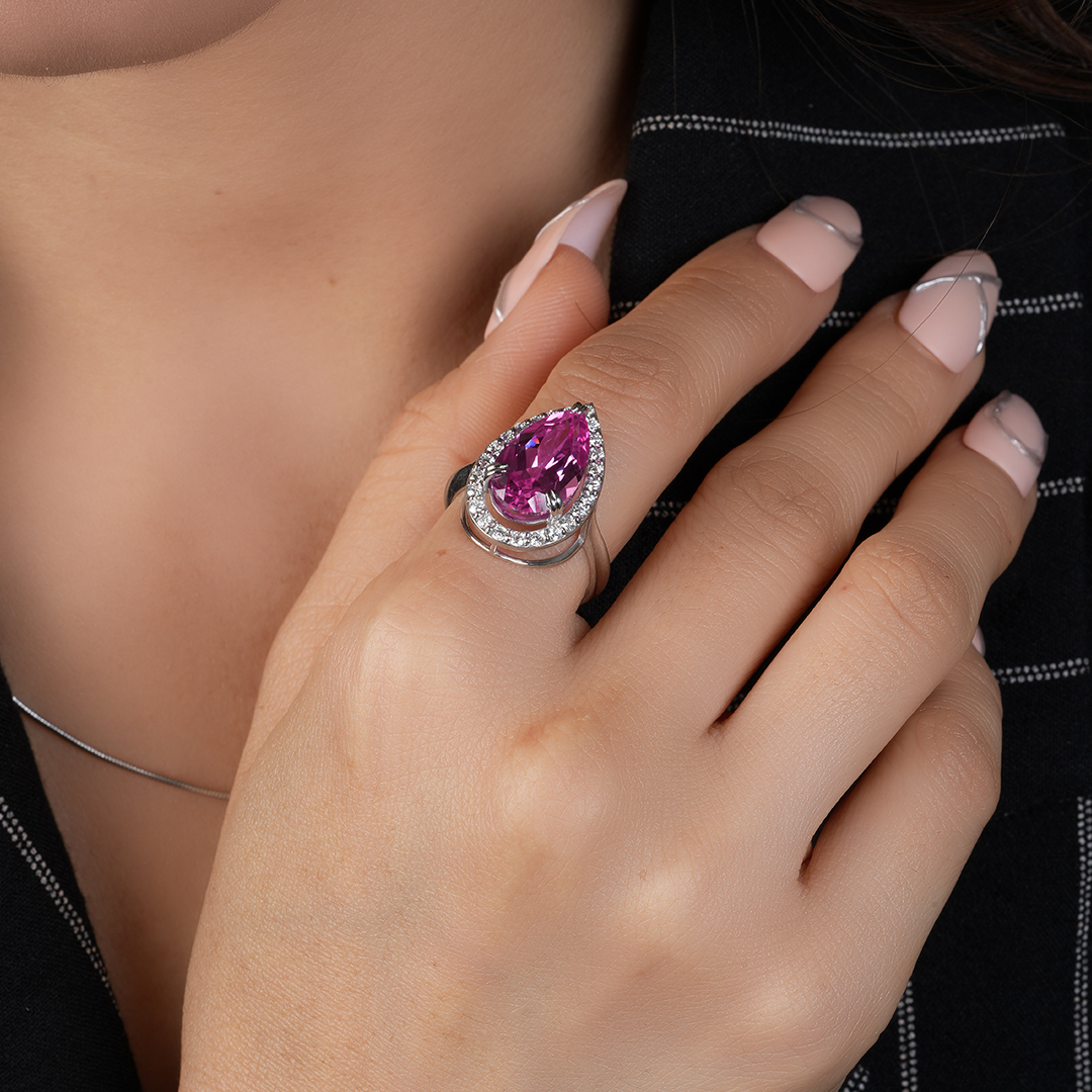 Pear Cut Halo Pink Sapphire & Engagement Diamond Ring