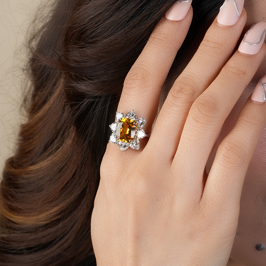 Natural Citrine Cushion Cut Diamond Halo Statement Ring