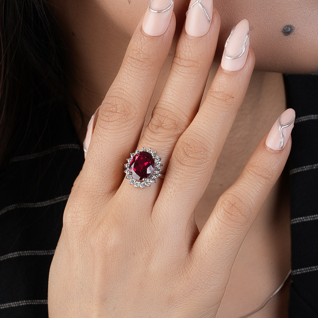 Oval Cut Lab Created Red Ruby Engagement Halo Ring