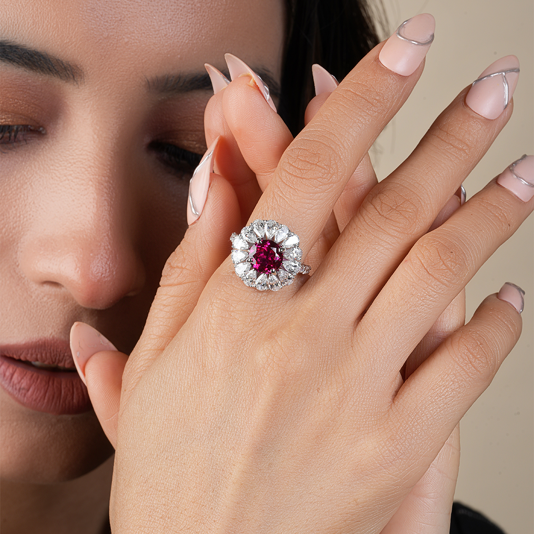 Vintage Pink Sapphire Pear Cut Diamond Engagement Ring