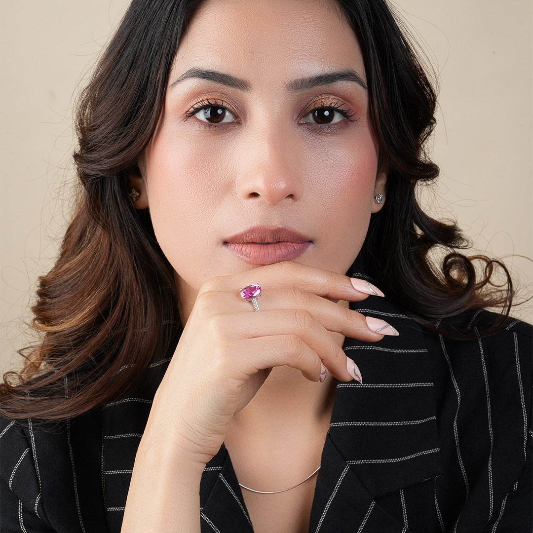 Oval Cut Pink Sapphire Lab Diamond Engagement Ring