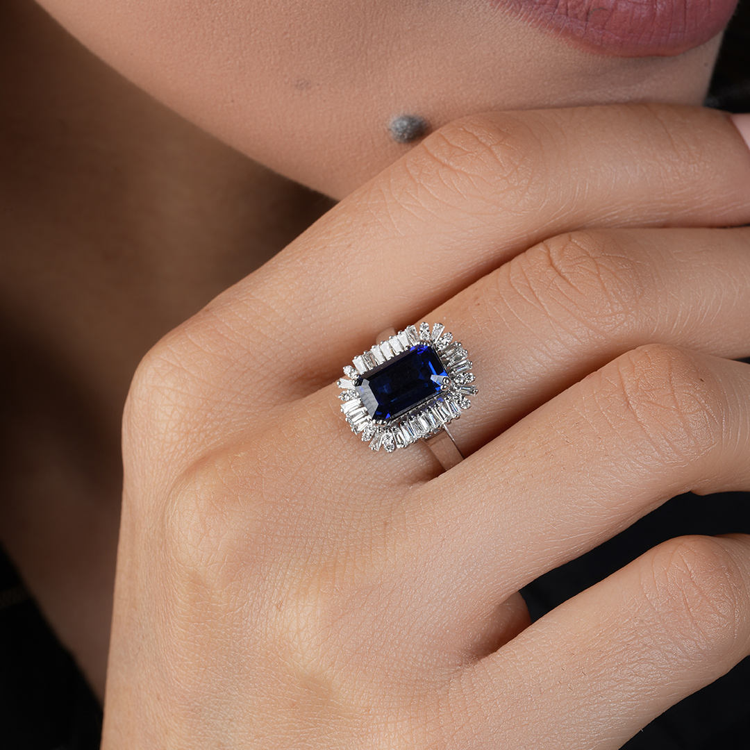 Emerald Cut blue sapphire Halo Diamond engagement Ring