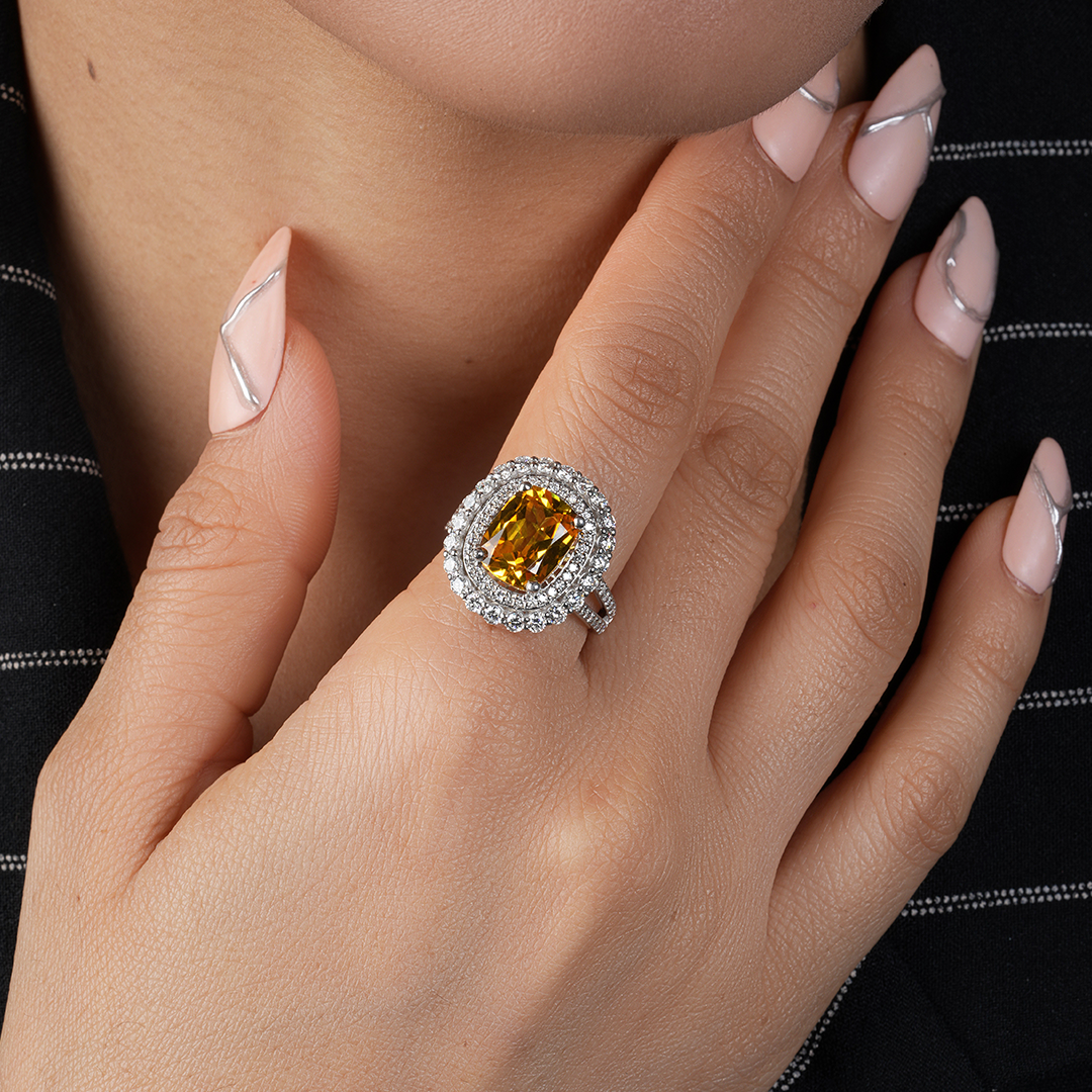 Yellow Cushion Cut Double Halo Diamond Engagement Ring