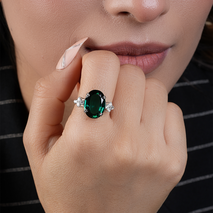 Oval Cut Lab Created Emerald Diamond Ring For Engagement