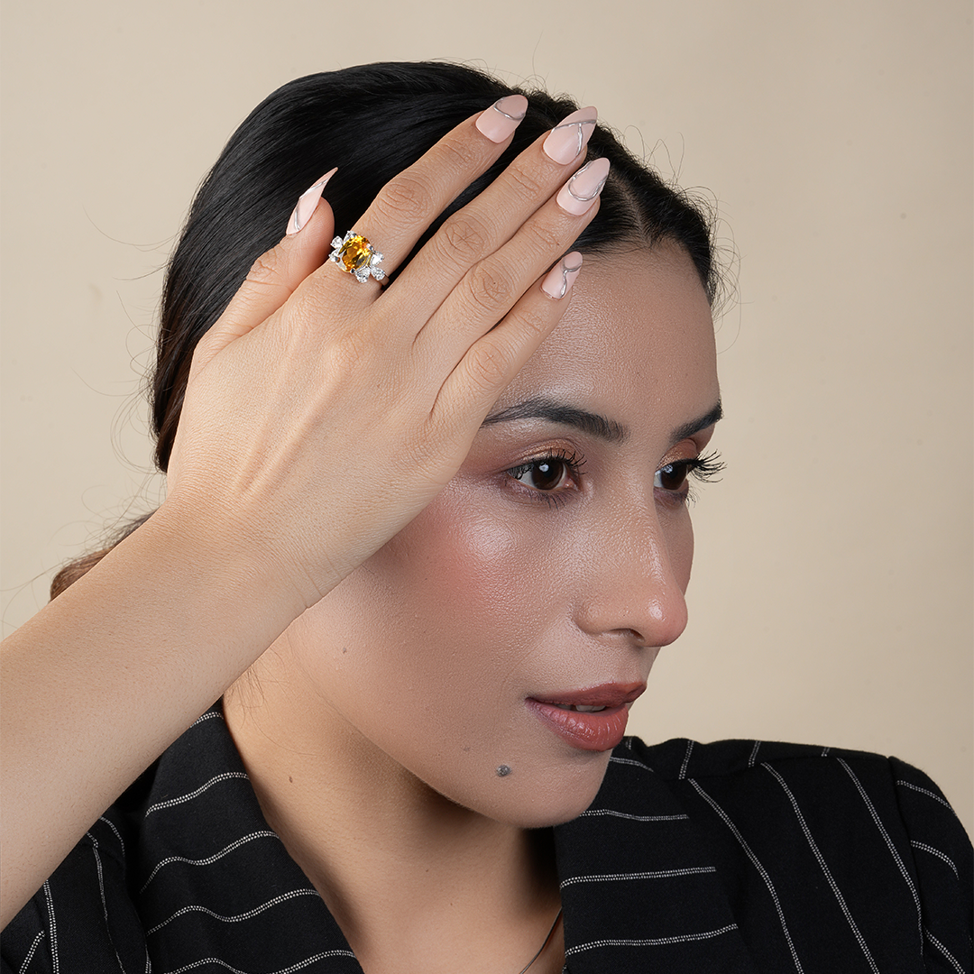 Floral Citrine Oval Cut & Pear Diamond Ring for Her