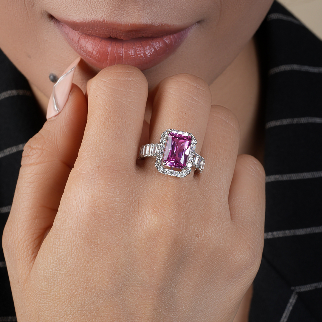 Radiant Pink Sapphire Emerald Cut Engagement Ring