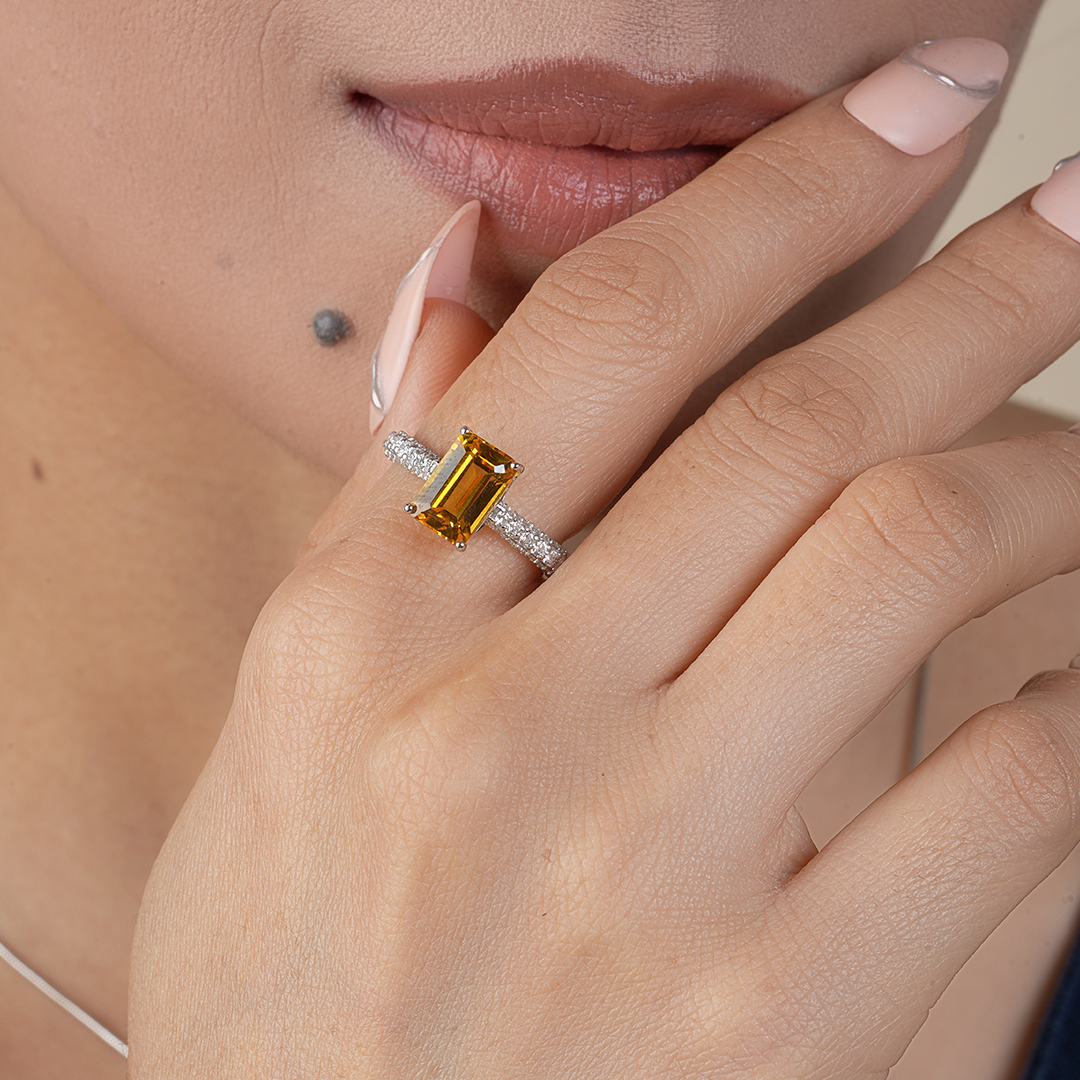Emerald-Cut Yellow citrine Solitaire cocktail- Engagement Ring