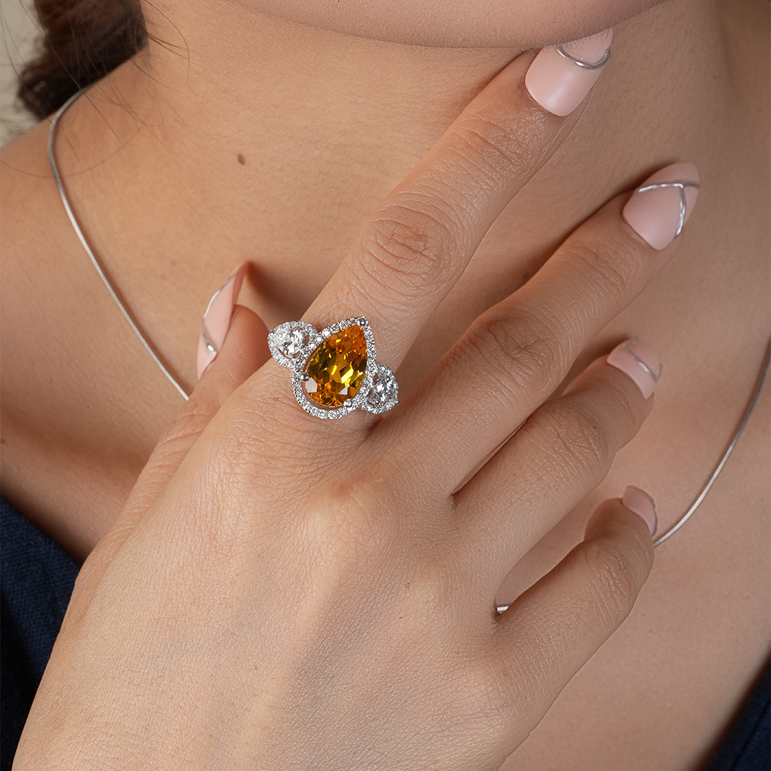 Pear Cut Citrine Halo Diamond Engagement Ring