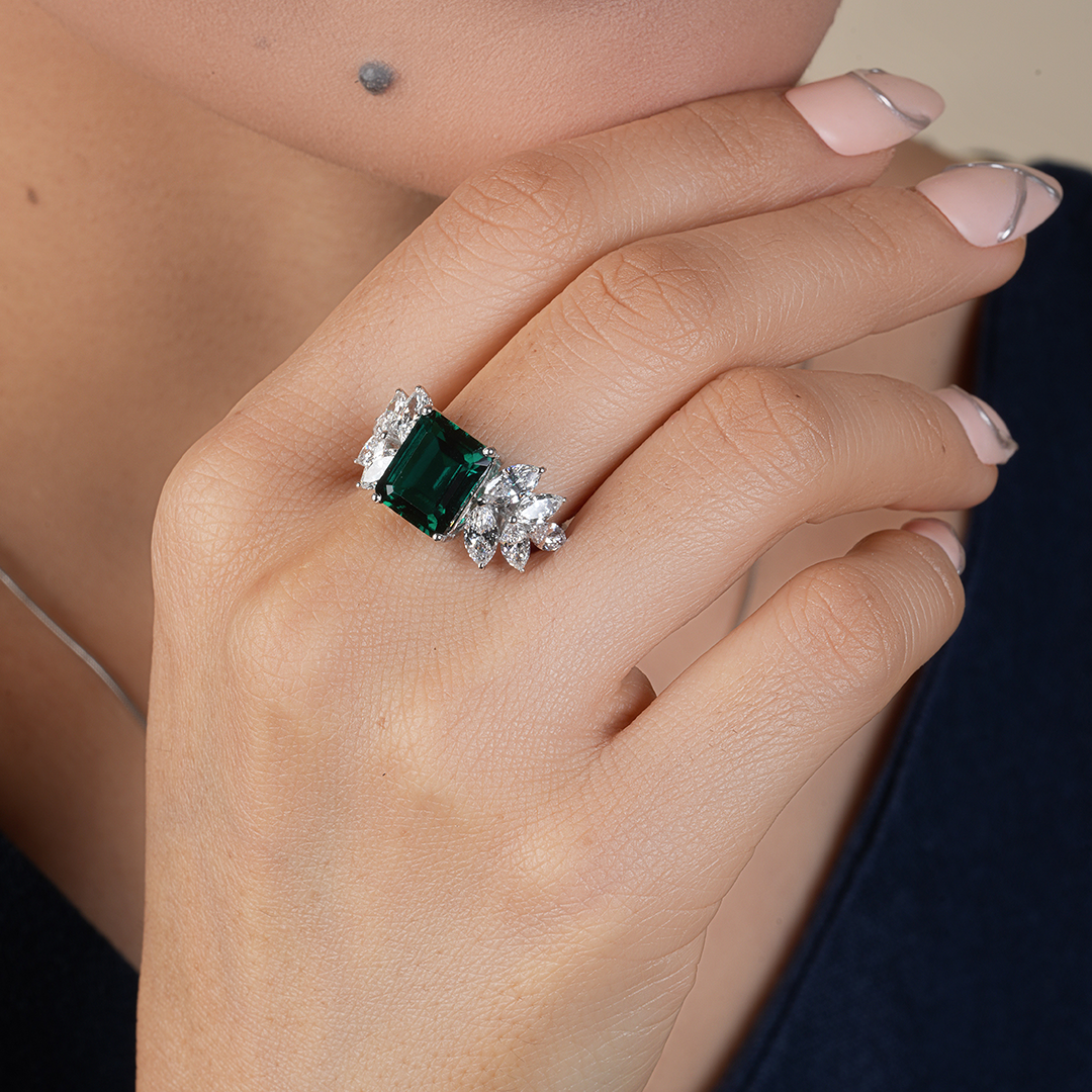 Vintage Marquise & Emerald Diamond Engagement Ring