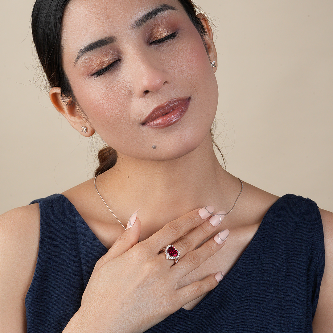 Heart Shape Garnet & Diamond Halo Engagement Ring