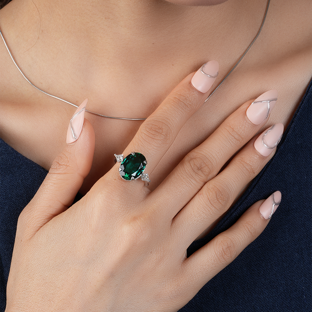 Oval & Kite Shape Emerald Hidden Halo Ring for Engagement