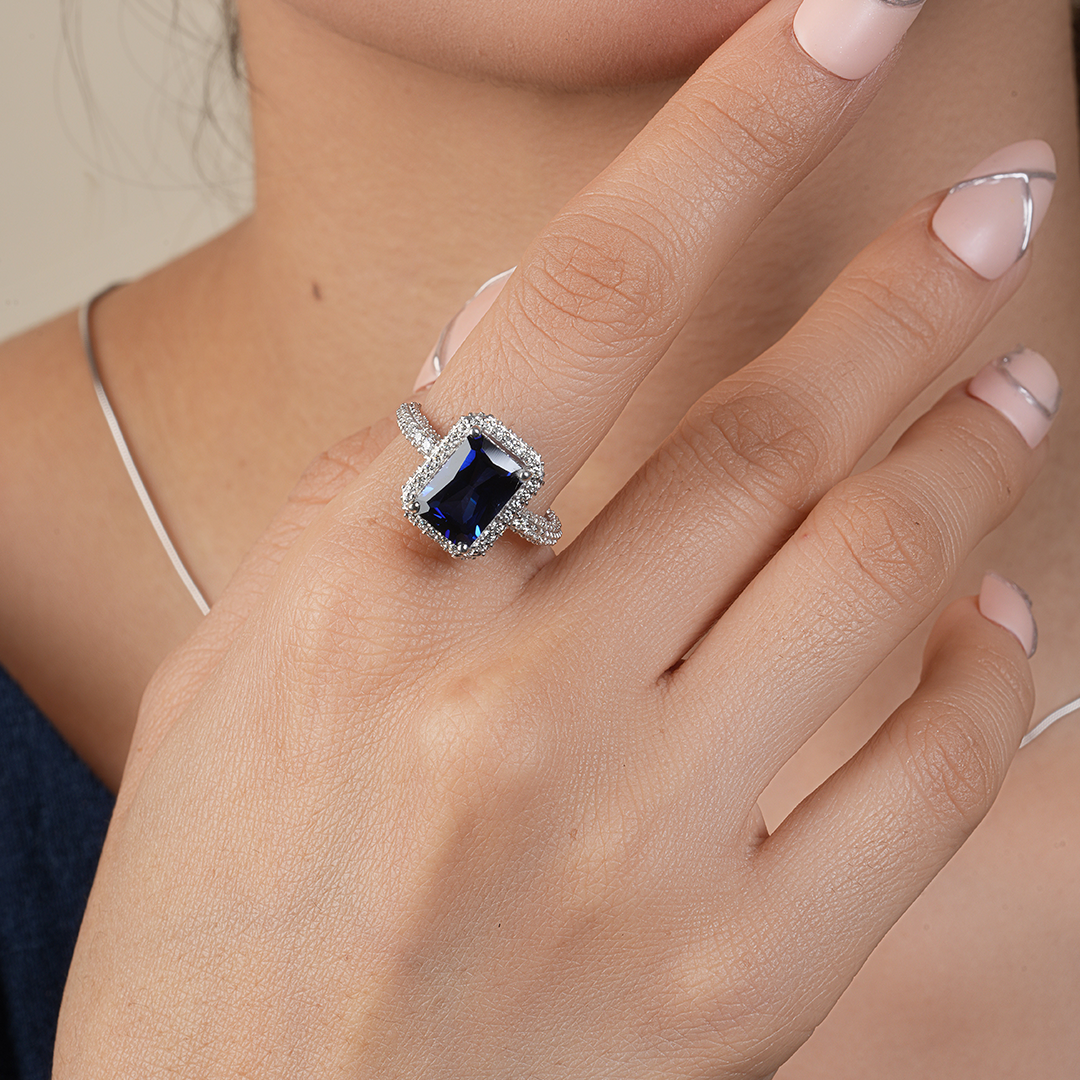 Vintage Radiant Cut Blue Sapphire Halo Diamond Engagement Ring