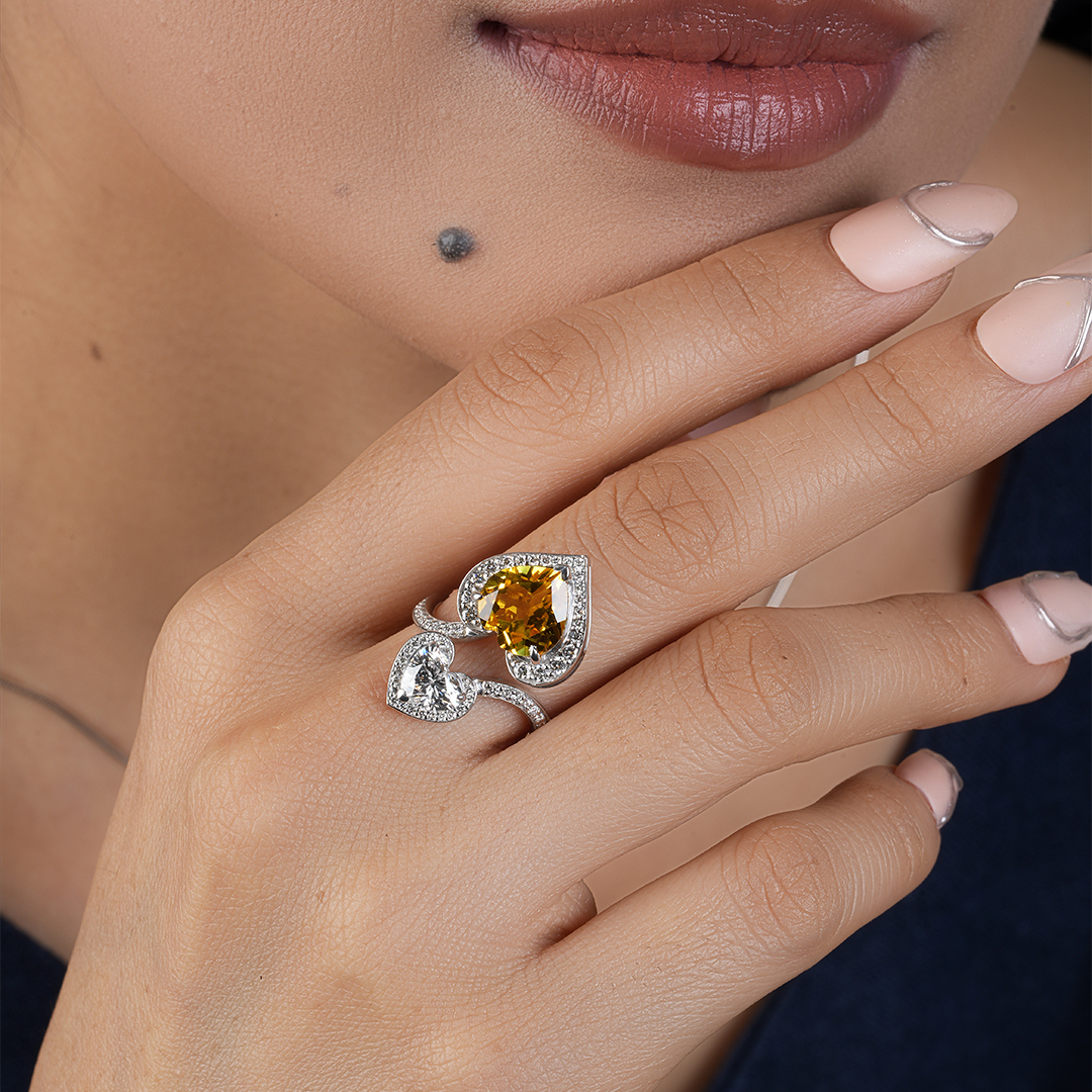 Double heart-shaped Citrine Diamond Wedding - Promise Ring