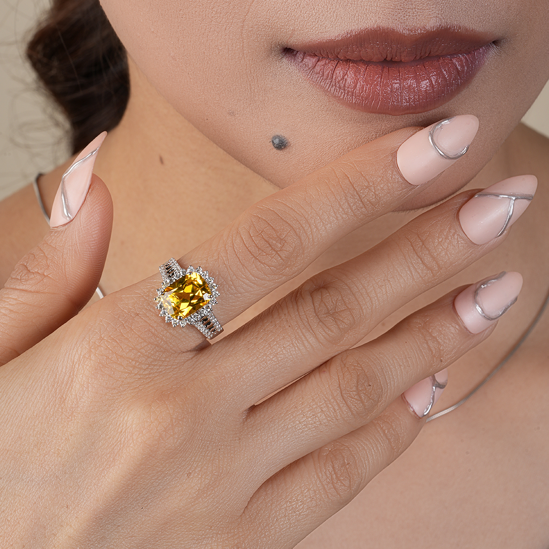Cushion-cut Citrine and Halo Diamond Engagement