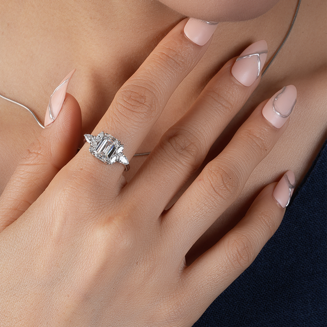 Vintage Emerald-Cut Diamond Trio Engagement Ring