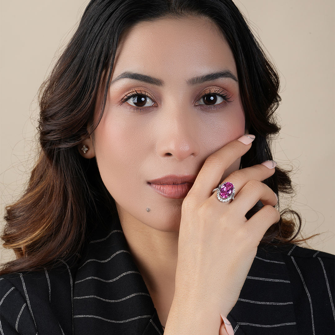 Vintage Pink Sapphire Oval Cut Halo Diamond  Engagement Ring