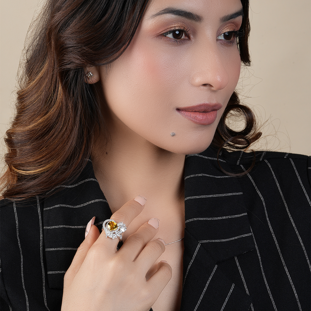 Floral Halo Heart-Shaped Yellow Gemstone Cocktail Ring