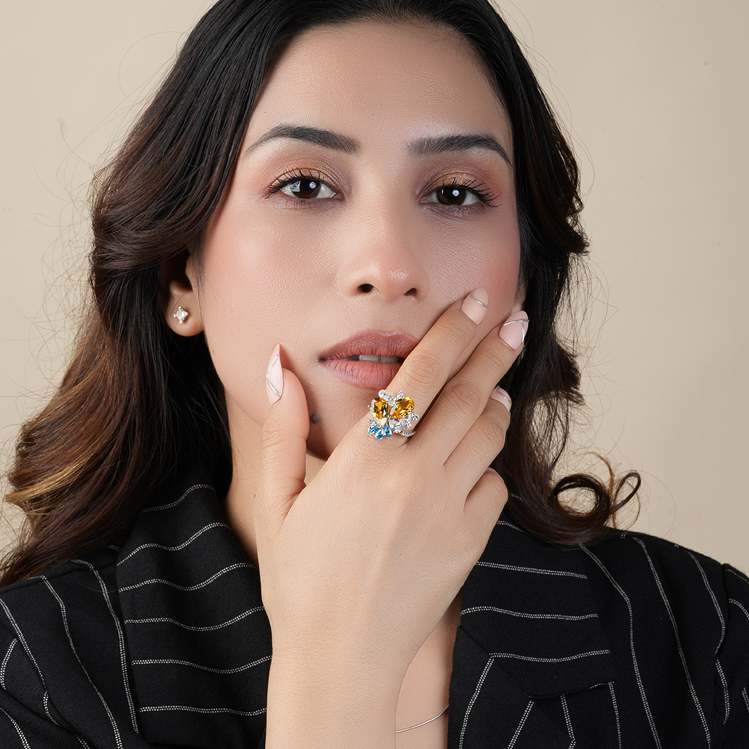 Dual Pear-Cut Citrine Diamond Cocktail Ring for Her