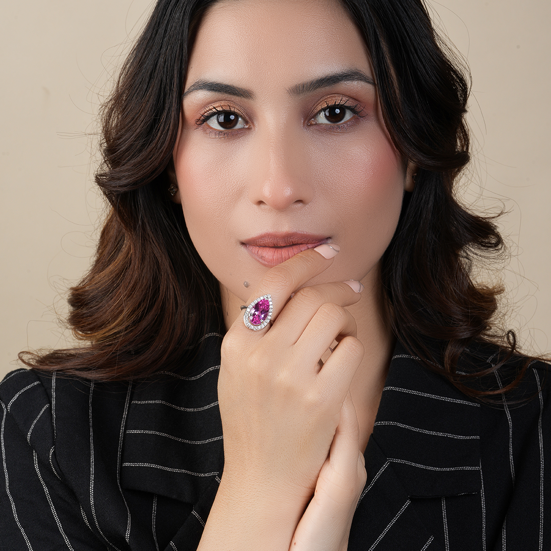 Pear Cut Halo Pink Sapphire & Engagement Diamond Ring