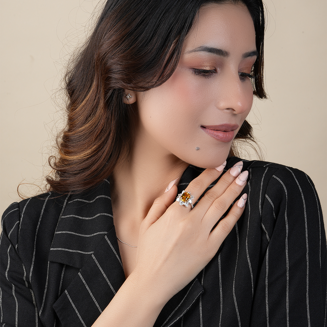 Natural Citrine Cushion Cut Diamond Halo Statement Ring