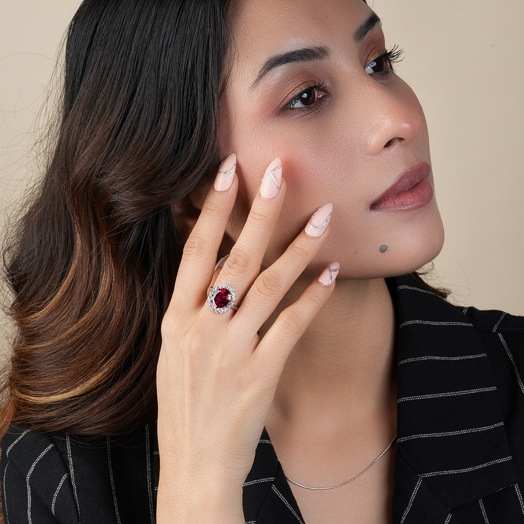 Oval Cut Lab Created Red Ruby Engagement Halo Ring