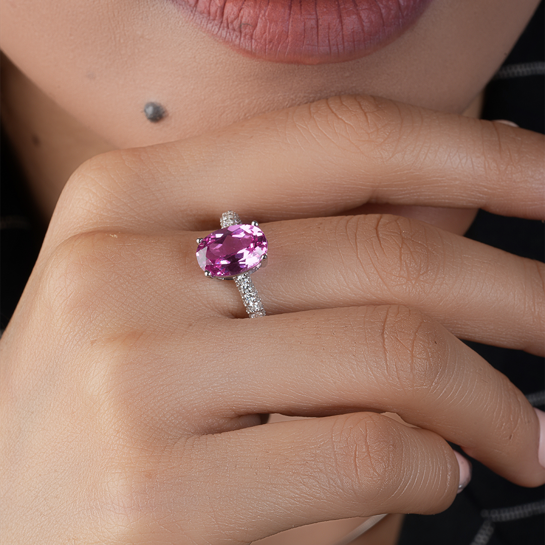 Oval Cut Pink Sapphire Lab Diamond Engagement Ring