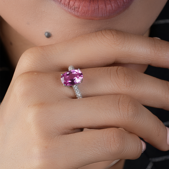 Oval Cut Pink Sapphire Lab Diamond Engagement Ring