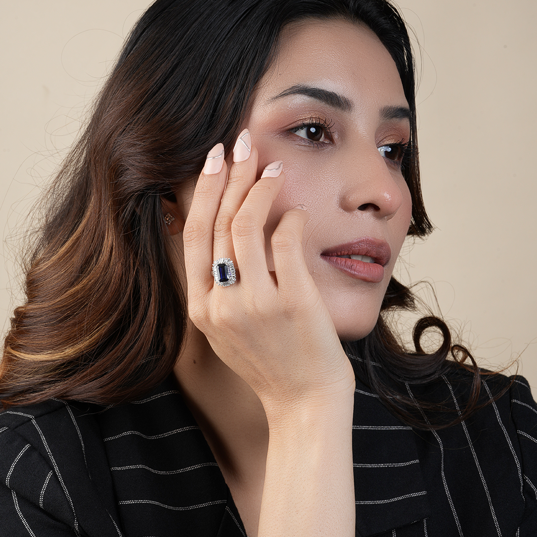 Emerald Cut blue sapphire Halo Diamond engagement Ring