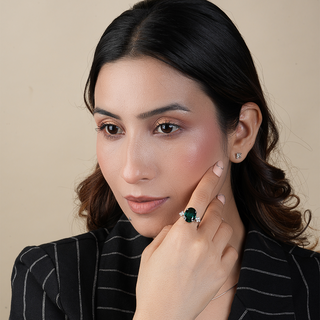 Oval Cut Lab Created Emerald Diamond Ring For Engagement