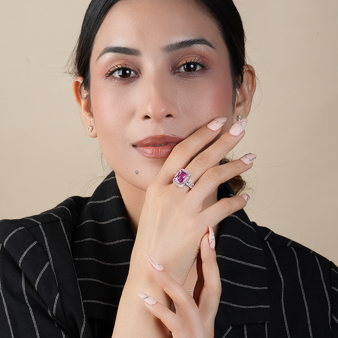 Radiant Pink Sapphire Emerald Cut Engagement Ring