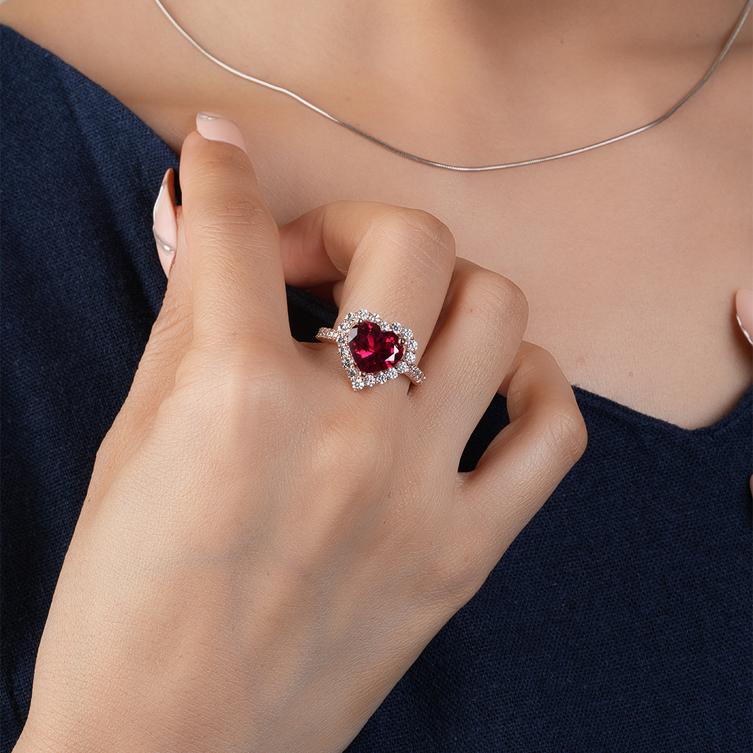 Heart Shape Garnet & Diamond Halo Engagement Ring