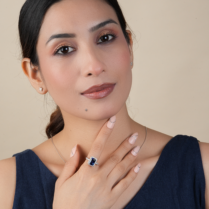 Vintage Radiant Cut Blue Sapphire Halo Diamond Engagement Ring