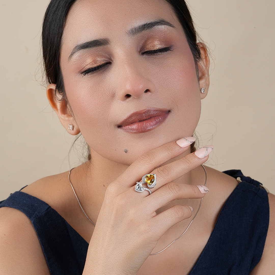 Double heart-shaped Citrine Diamond Wedding - Promise Ring
