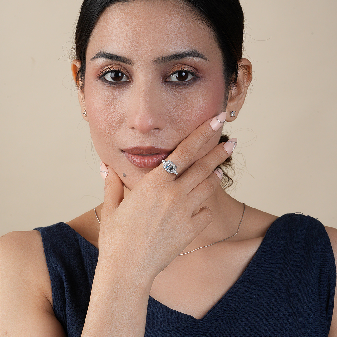 Vintage Emerald-Cut Diamond Trio Engagement Ring