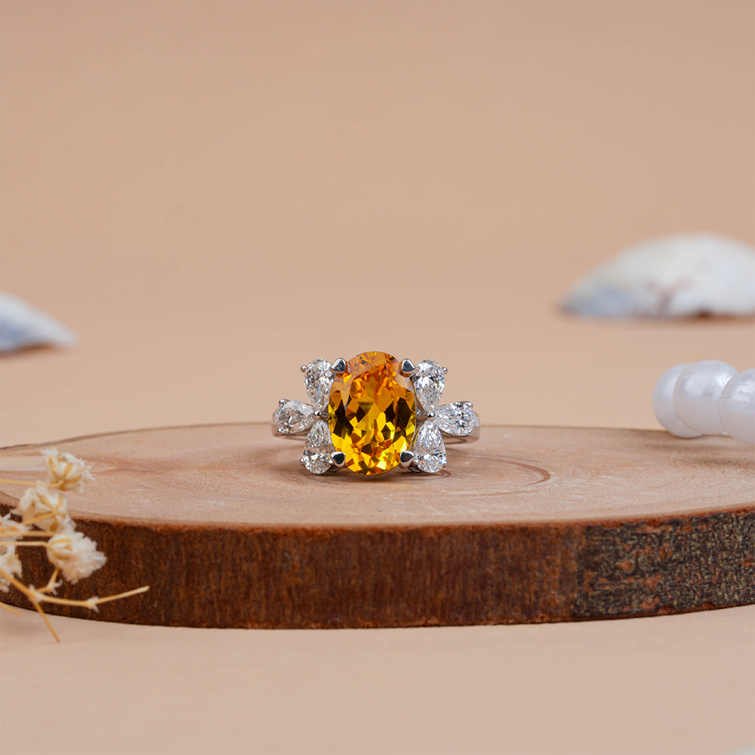 Floral Citrine Oval Cut & Pear Diamond Ring for Her