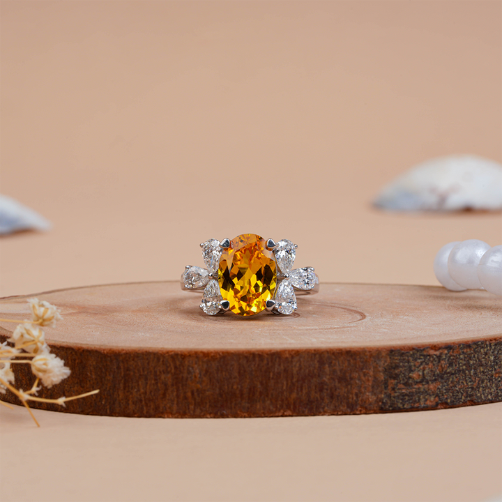 Floral Citrine Oval Cut & Pear Diamond Ring for Her