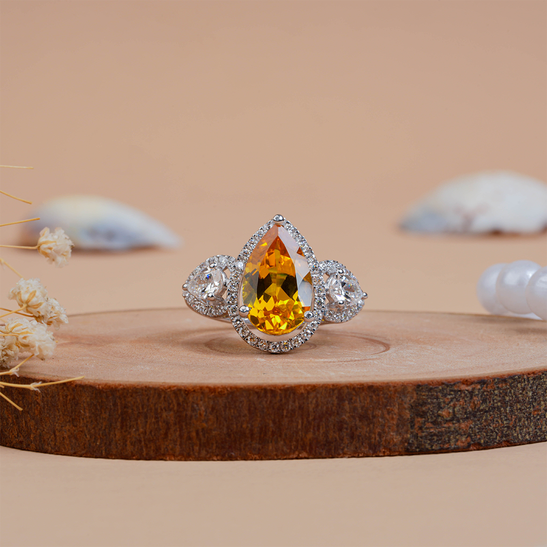Pear Cut Citrine Halo Diamond Engagement Ring