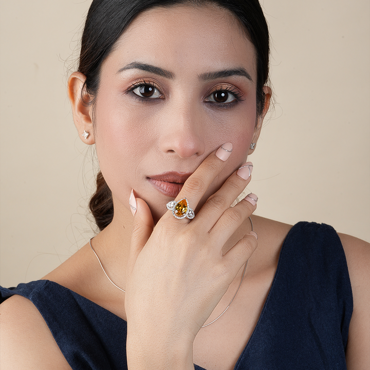 Pear Cut Citrine Halo Diamond Engagement Ring