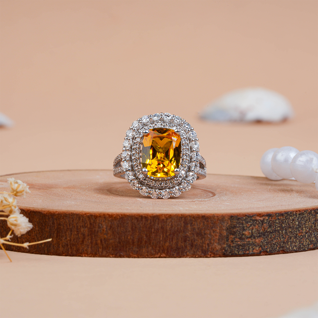 Yellow Cushion Cut Double Halo Diamond Engagement Ring