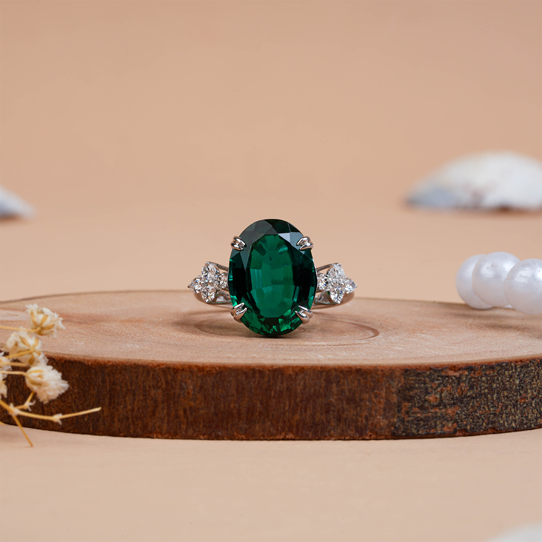 Oval Cut Lab Created Emerald Diamond Ring For Engagement