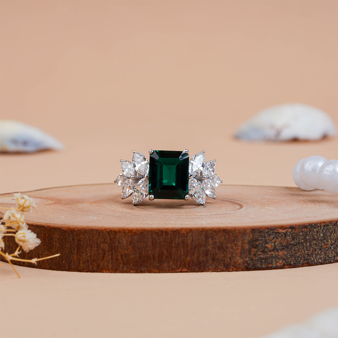 Vintage Marquise & Emerald Diamond Engagement Ring