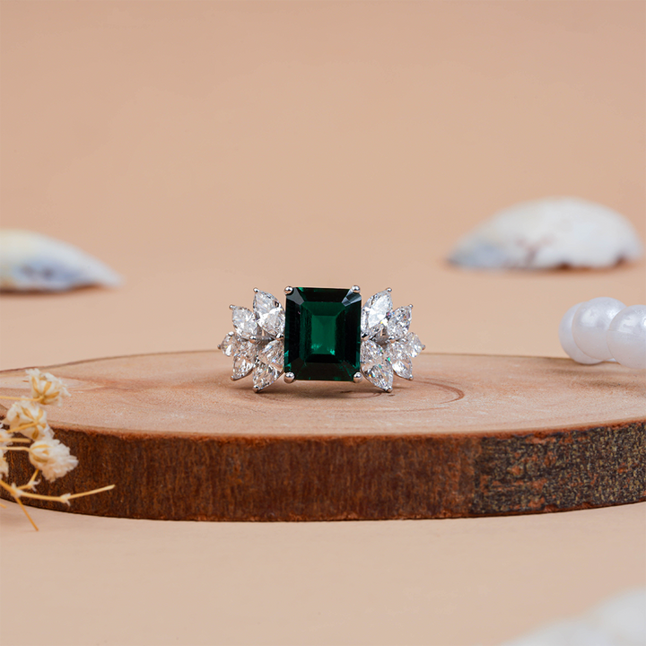 Vintage Marquise & Emerald Diamond Engagement Ring